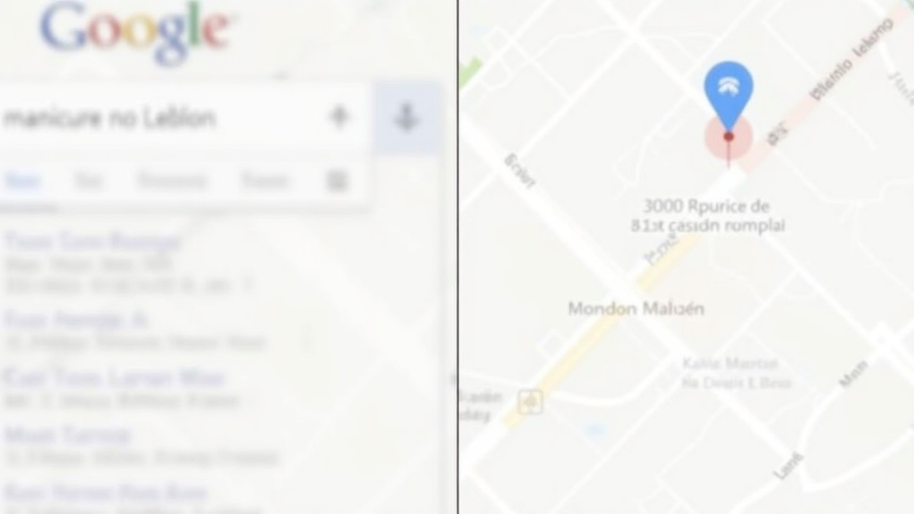 Tela de busca do Google mostrando o termo 'manicure no Leblon' ao lado de um mapa com um pino de localização.