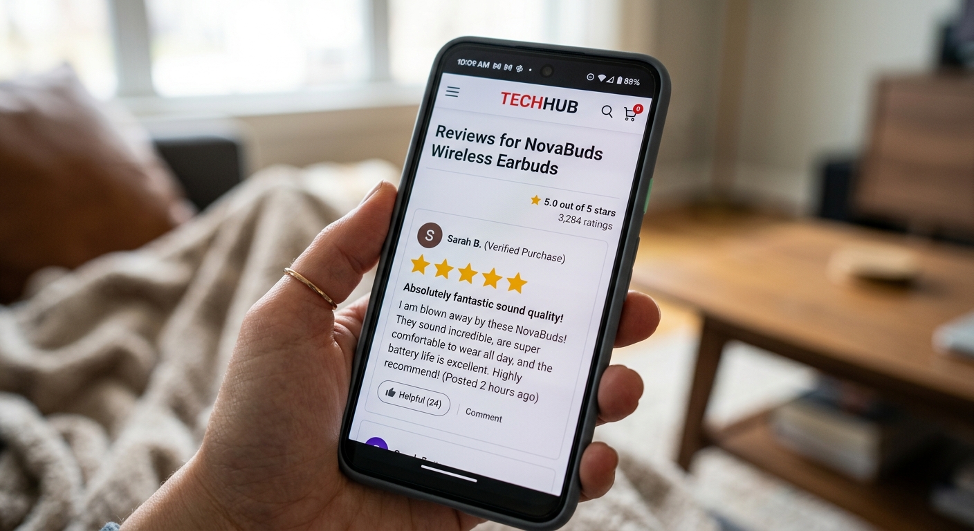 Tela de celular exibindo a avaliação positiva de um cliente em uma página de produto.