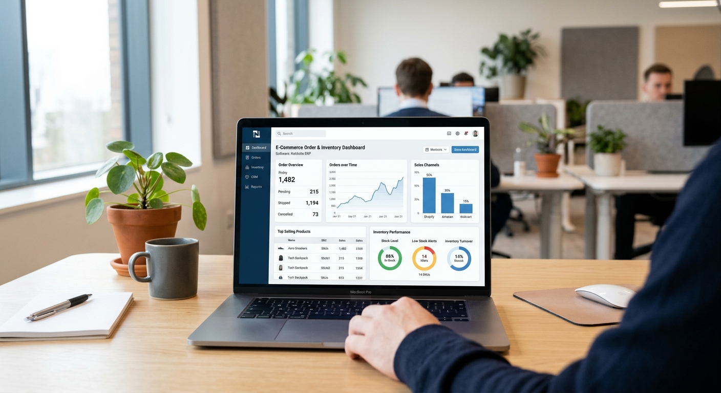 Tela de ERP moderno exibindo painel de pedidos e estoque para e-commerce em escritório