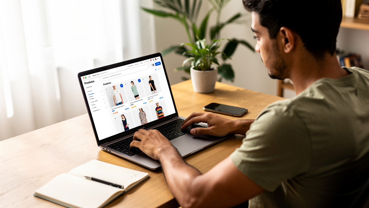 Empreendedora revisando páginas de produto em laptop num escritório caseiro iluminado