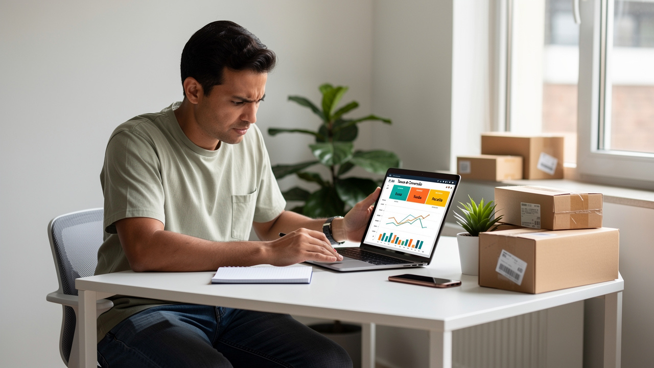 Lojista brasileiro analisando métricas de conversão no laptop em escritório pequeno