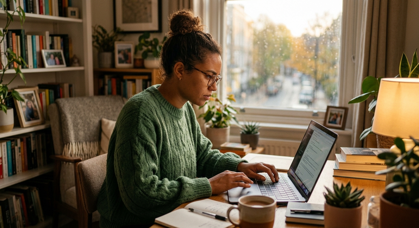 Pessoa escrevendo em um laptop em casa, ambiente aconchegante e confortável