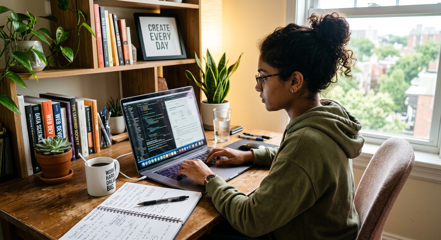 Jovem de etnia diversa focada na tela do notebook, com cadernos e café, em um ambiente de escritório moderno e iluminado, representando produtividade.