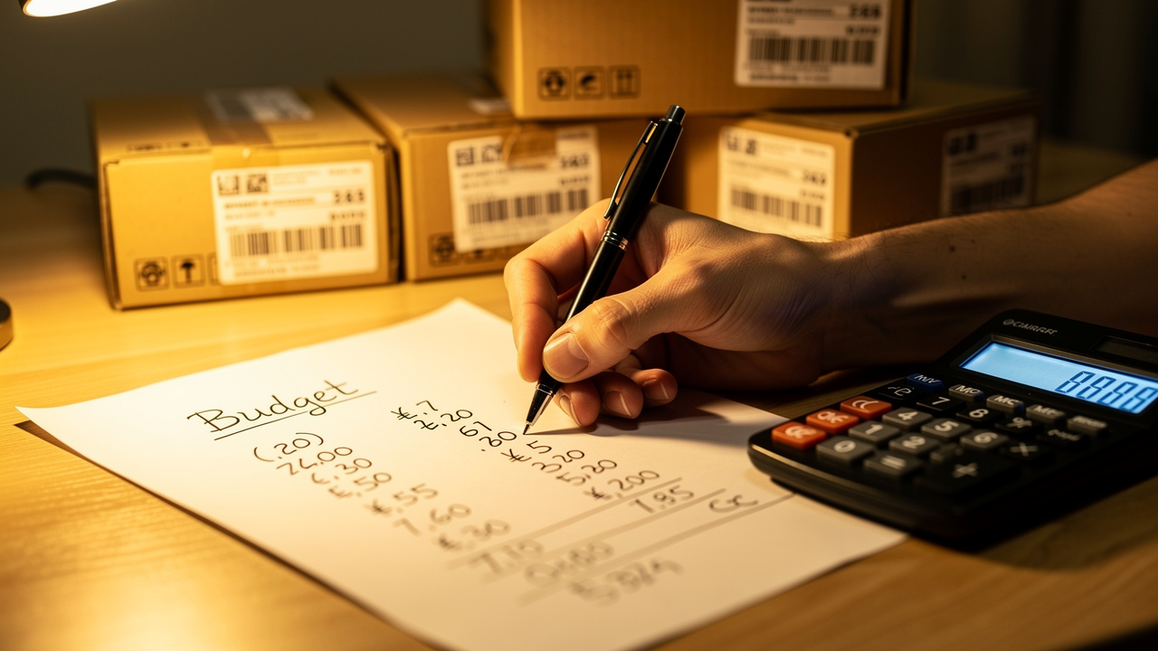 Mão anotando dados financeiros em papel ao lado de calculadora e caixas de produto de e-commerce