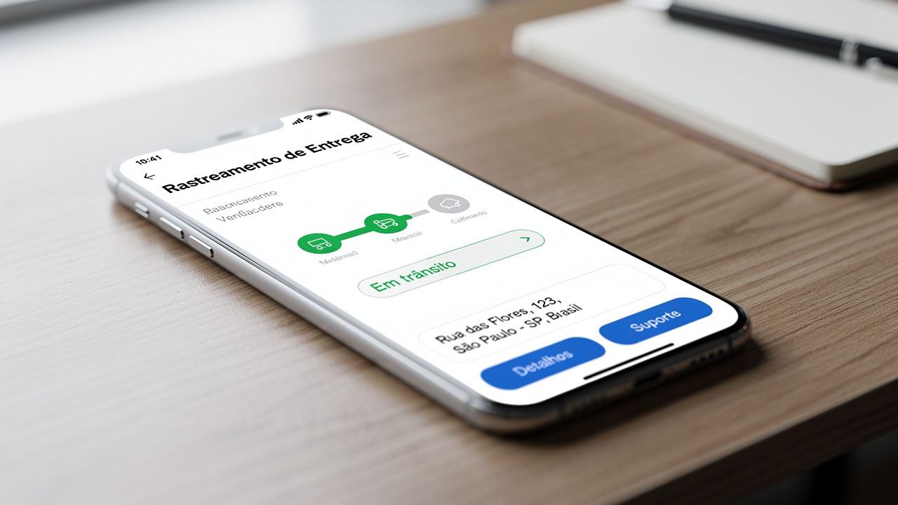 Smartphone exibindo aplicativo de rastreamento de entrega com endereço brasileiro sobre mesa iluminada