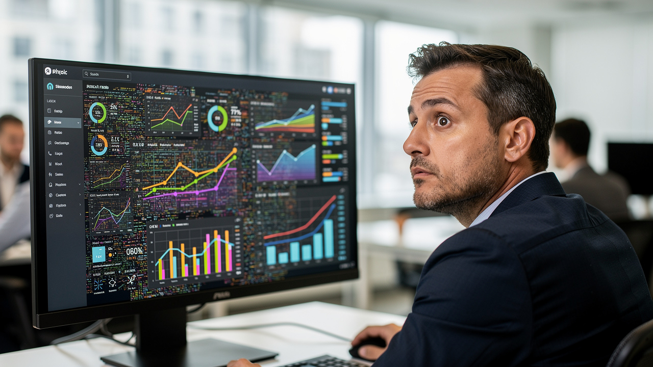 Gestor de marketing confuso diante de monitor com gráficos e dashboards sobrecarregados de dados
