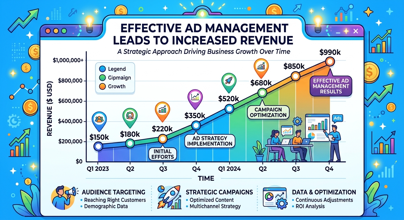 Gráfico mostrando aumento de receita ao longo do tempo devido à gestão eficaz de anúncios
