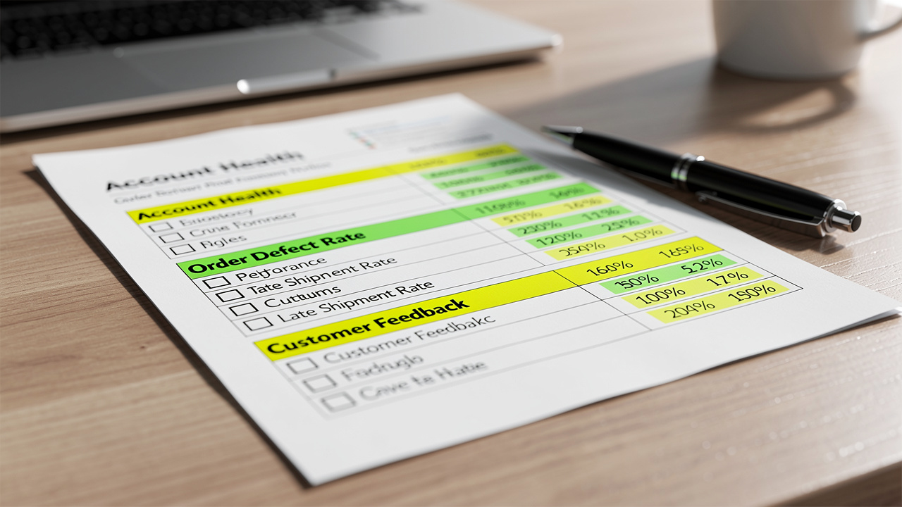 Checklist de métricas de desempenho de vendedor Amazon em papel com caneta sobre mesa