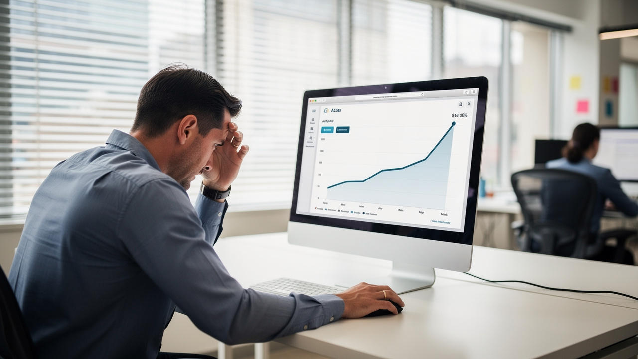 Gerente de marketing olhando gráfico de custo de aquisição crescente no computador