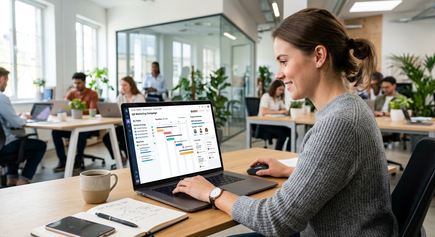 Pessoa utilizando um software de gestão de projetos com interface organizada, exibindo tarefas e progresso