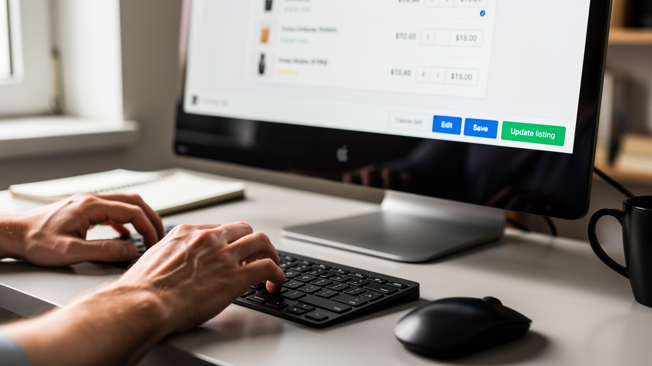 Mãos de vendedor atualizando anúncios de produtos em plataforma de marketplace no computador