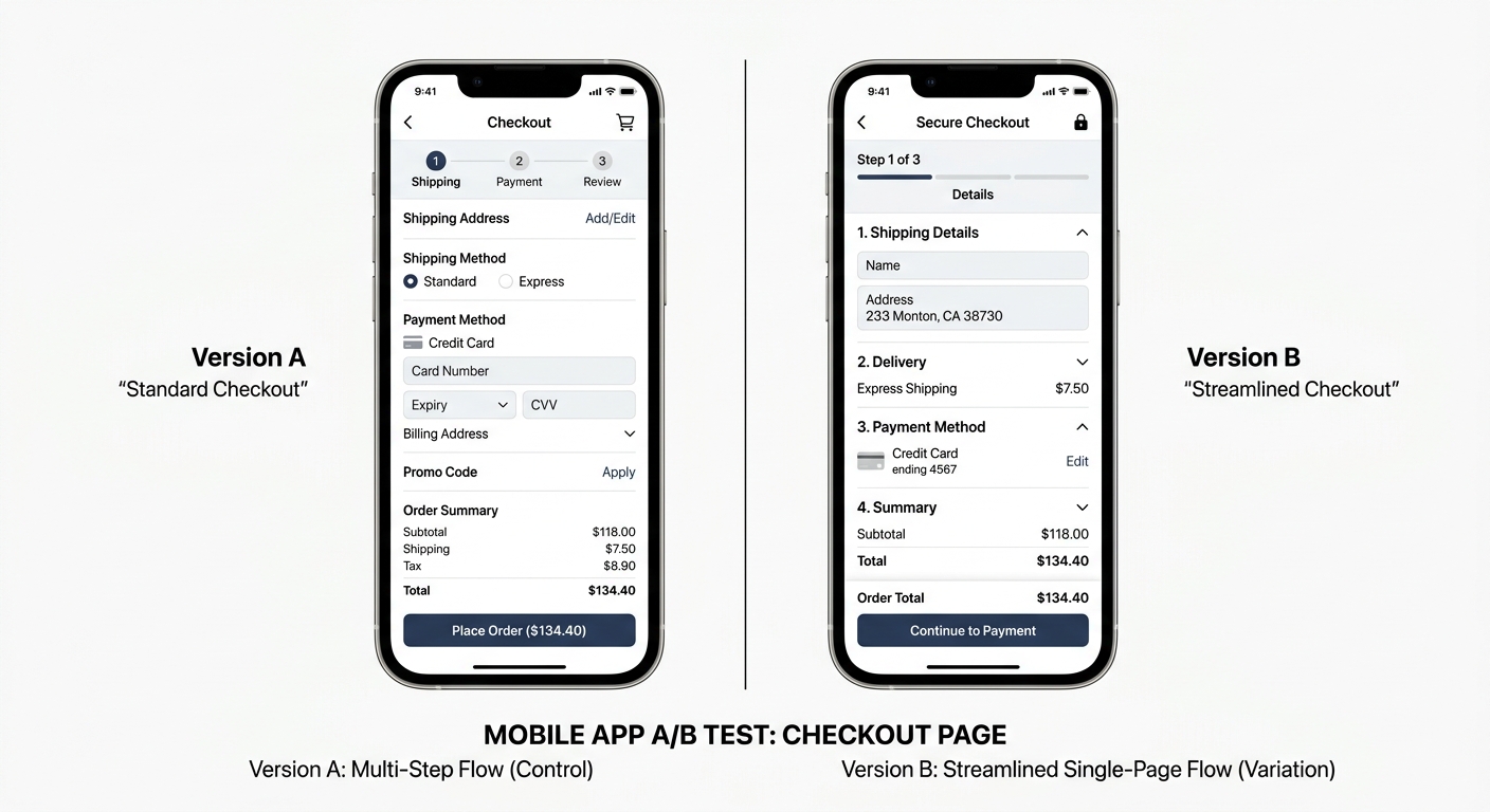 Tela de celular dividida ao meio mostrando duas versões diferentes de uma página de checkout para um teste A/B de e-commerce.