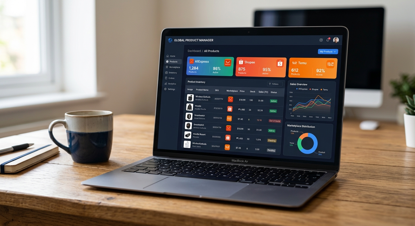 Tela de um notebook exibindo um painel de gestão de produtos de múltiplos marketplaces.