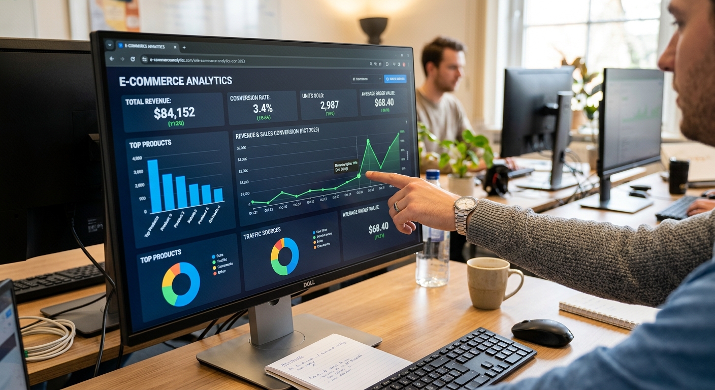 Tela de computador exibindo um dashboard com gráficos de análise de e-commerce e uma mão apontando.