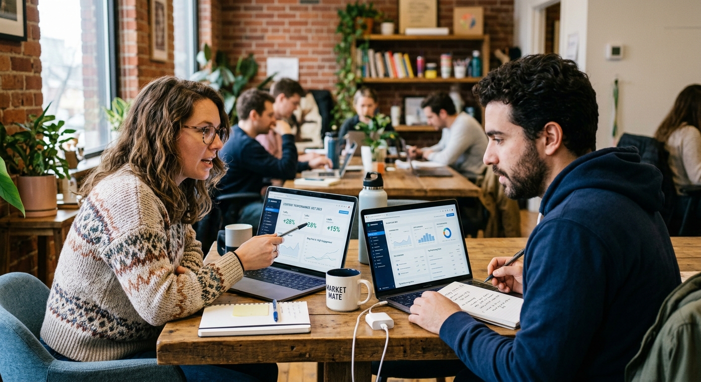 Dois profissionais de marketing revisando estratégias de conteúdo bem-sucedidas em seus laptops