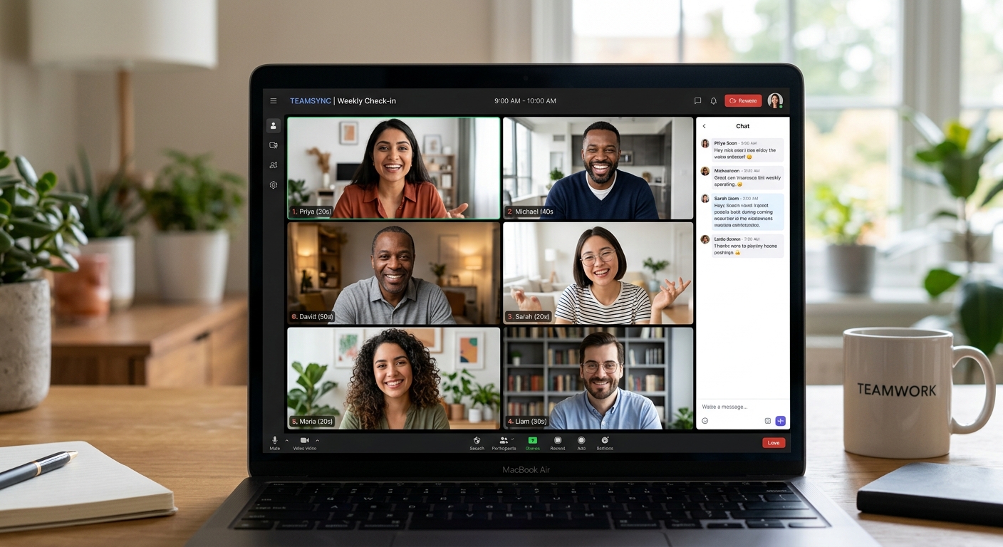 Reunião virtual com equipe diversa e engajada, todos sorrindo durante a videoconferência