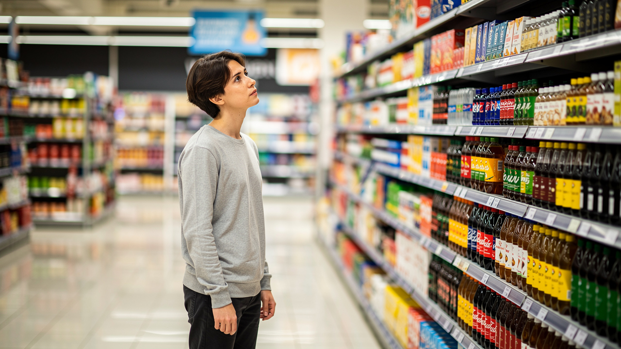 Pessoa olhando produtos em prateleira de supermercado com expressão pensativa