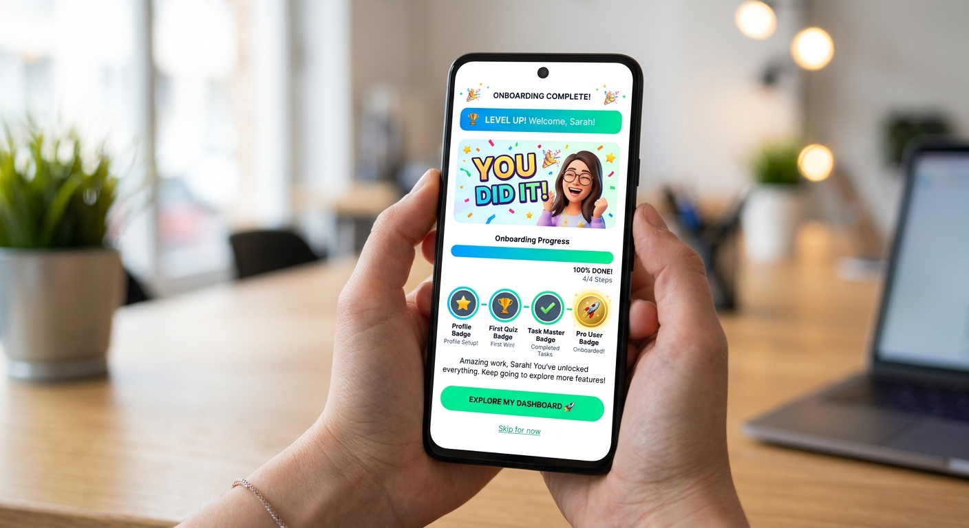 Tela de celular exibindo um processo de onboarding gamificado com barras de progresso e recompensas coloridas