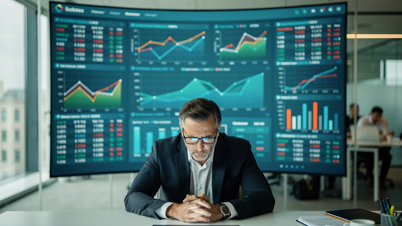 Gestor olhando para painel digital com dezenas de gráficos e métricas coloridas