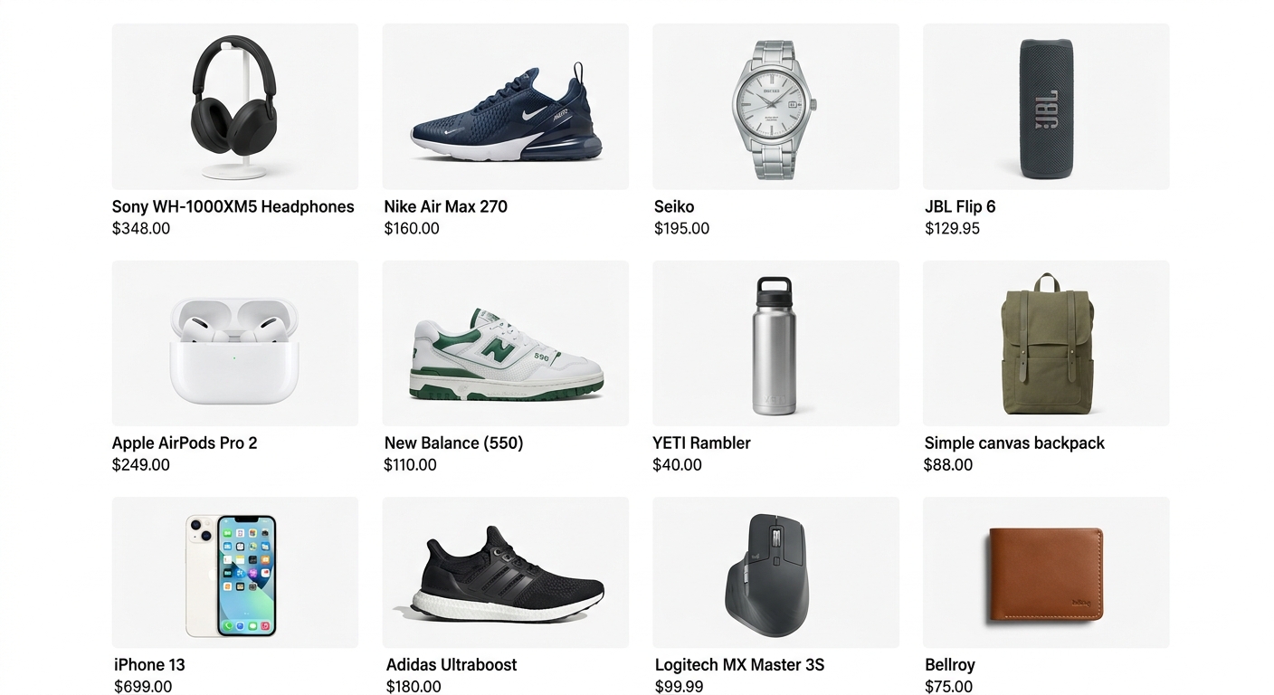 Grid de produtos de e-commerce com fones de ouvido e tênis, todos com fundo branco removido profissionalmente.