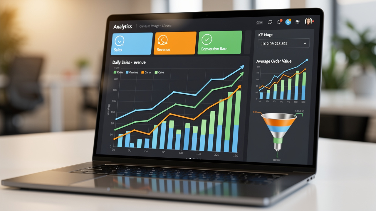 Tela de laptop exibindo painel de análise de e-commerce com gráficos de vendas e conversão