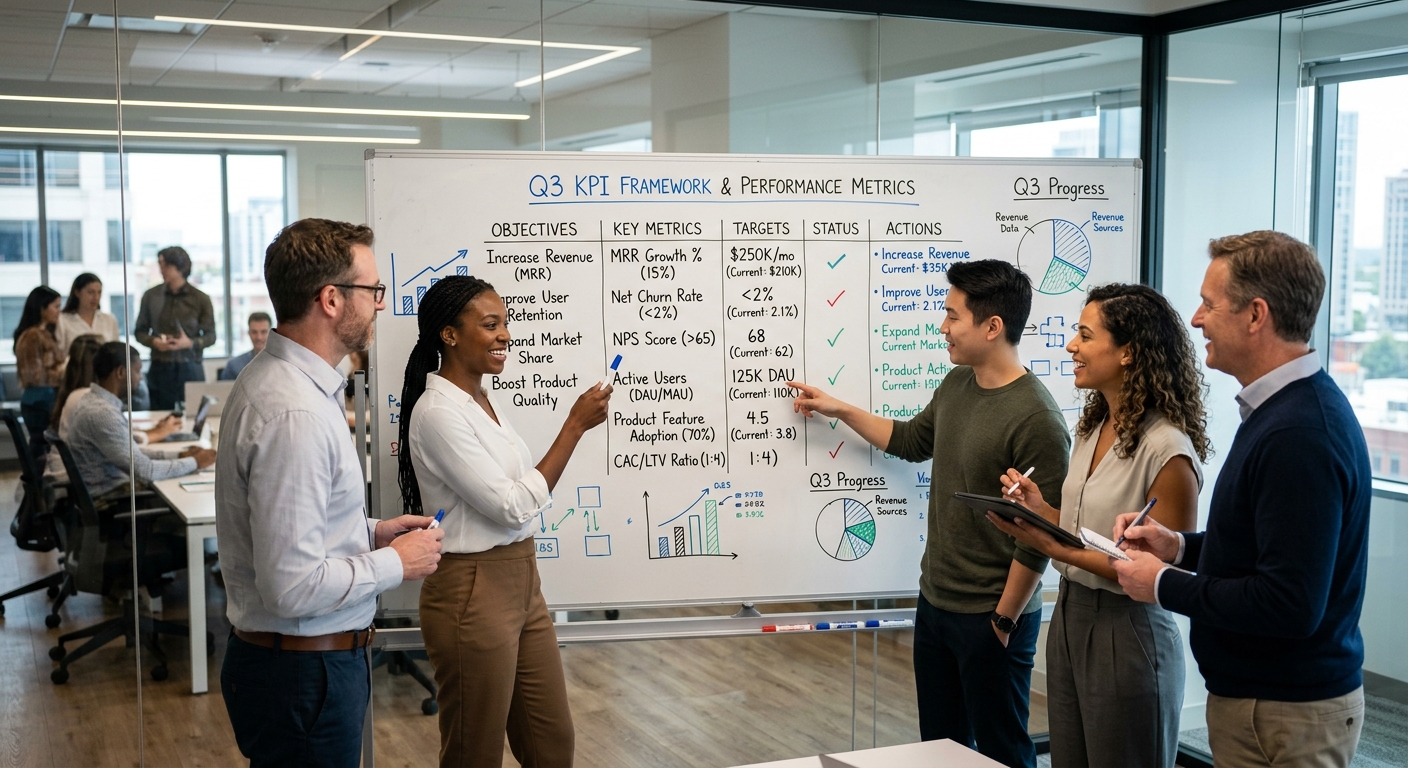 Equipe de gestão criando indicadores de desempenho num quadro branco em reunião estratégica