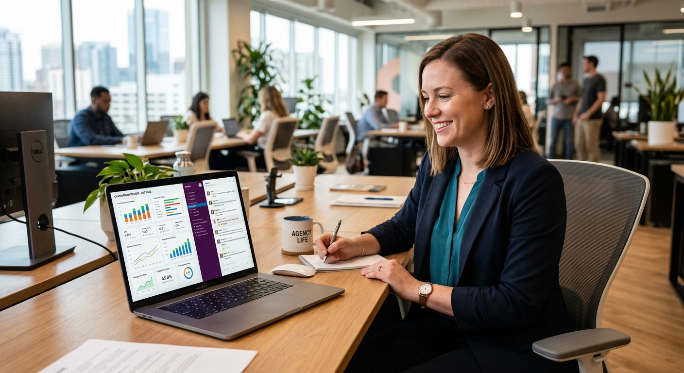 Gestor de marketing digital analisando um painel de dados com uma interface de chat aberta em seu notebook.