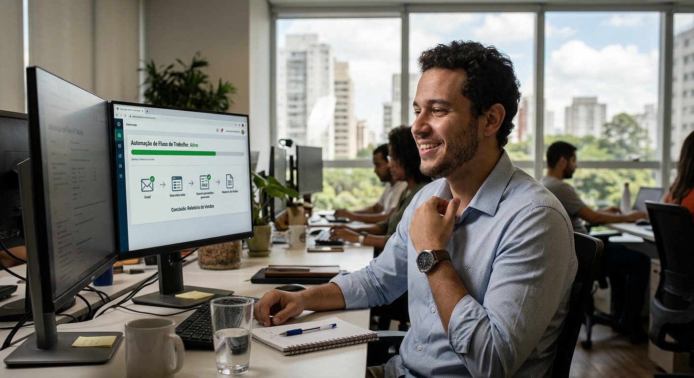 Colaborador aliviado observando fluxo automatizado rodando na tela do computador
