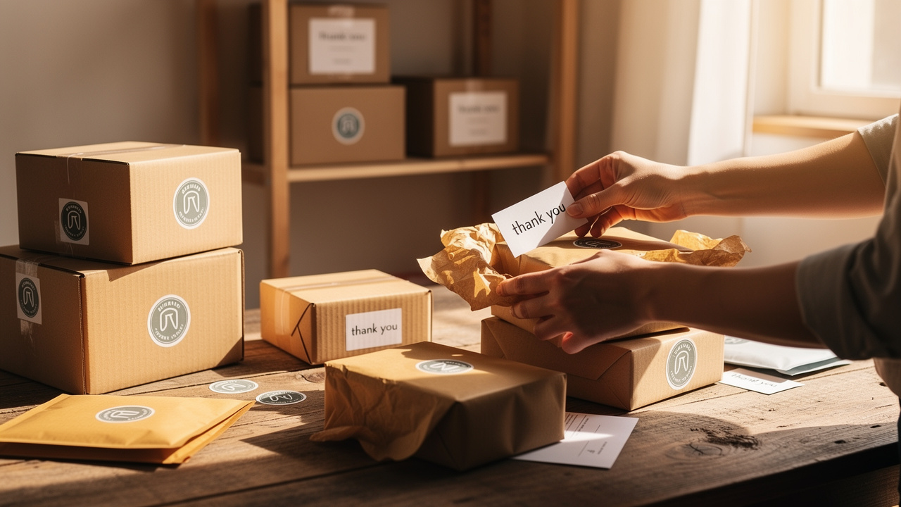 Empreendedora embalando produtos com identidade visual consistente e etiquetas com logotipo