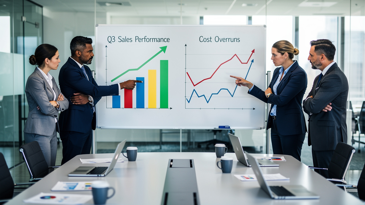 Duas equipes em reunião de trabalho com gráficos diferentes no quadro branco