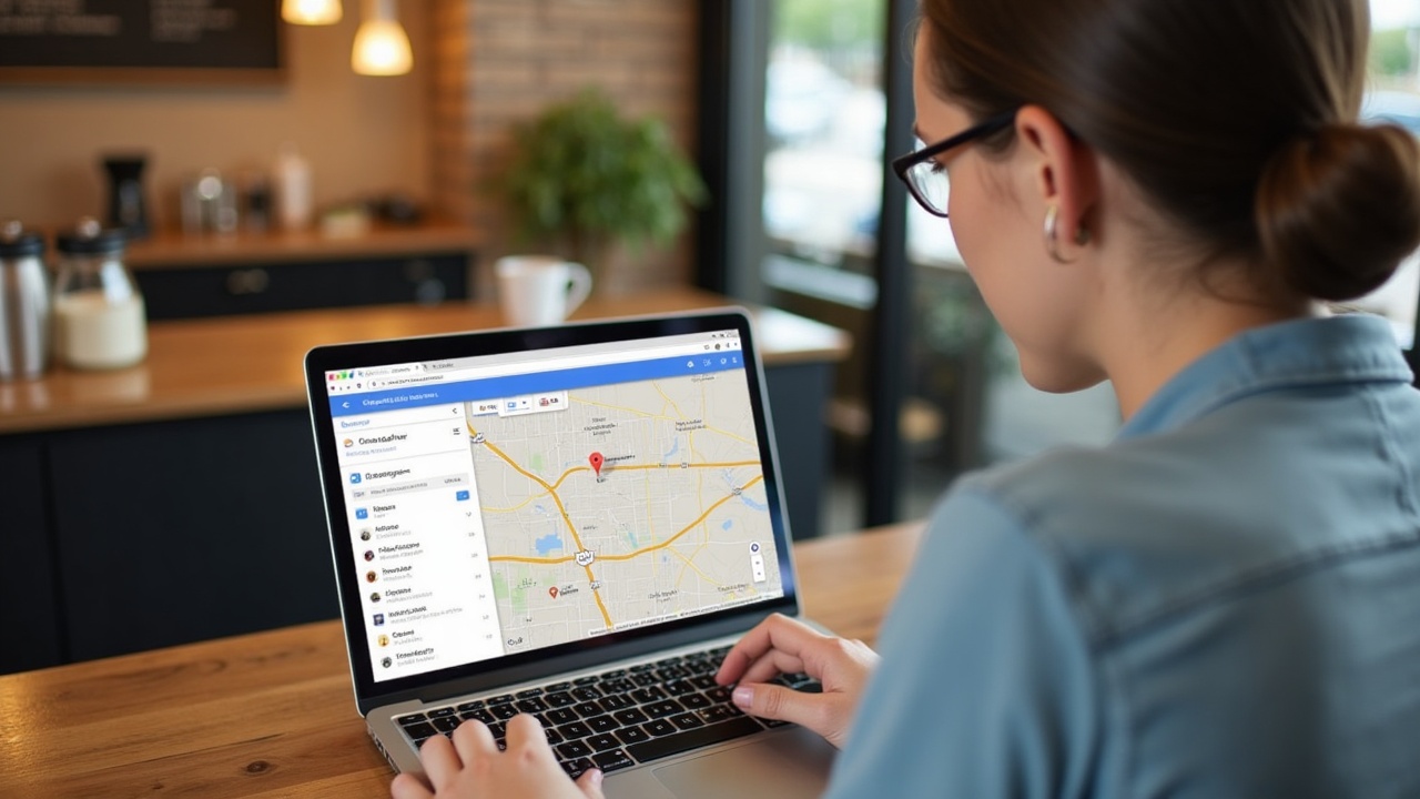 Empreendedor local em sua cafeteria otimizando o Perfil da Empresa no Google em seu notebook
