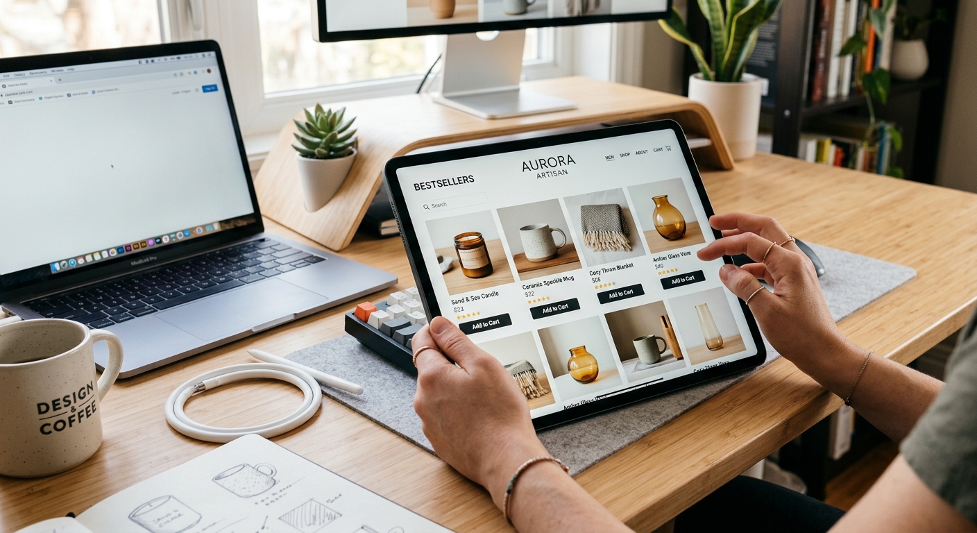 Mesa de um designer gráfico com um tablet exibindo imagens de produtos para e-commerce.