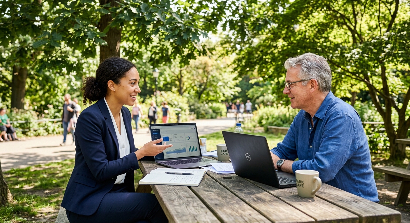 Profissional jovem conversando com um cliente em um parque, laptops abertos, dia ensolarado.