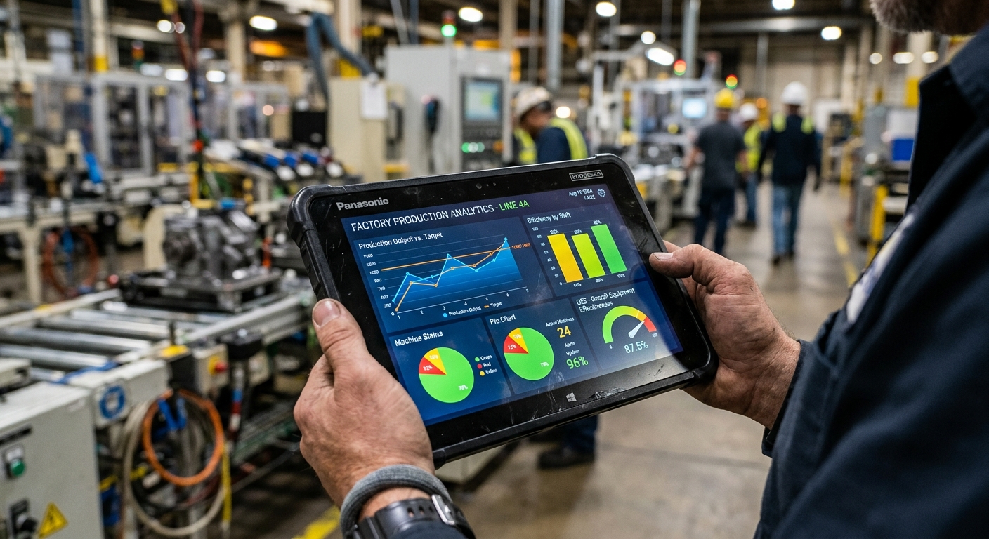 Tela de um tablet exibindo um painel de análise de dados de marketing com gráficos coloridos.