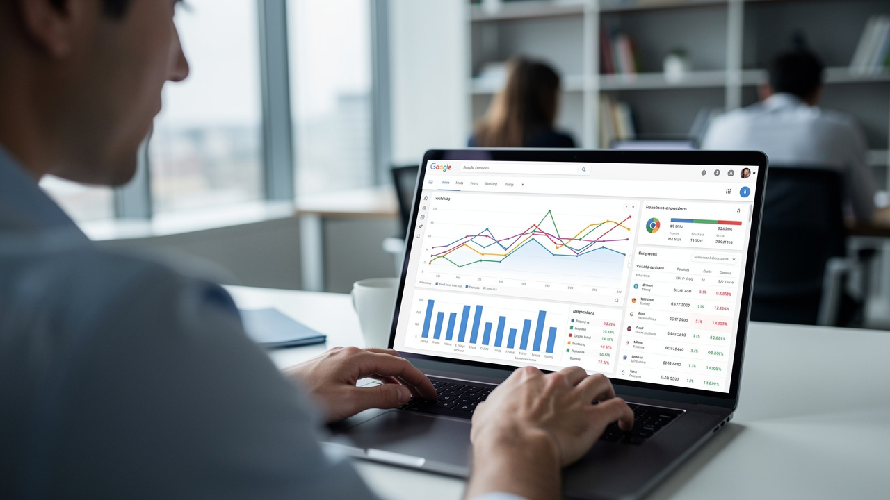 Pessoa analisando dados de ranqueamento do Google em laptop com gráficos de SEO