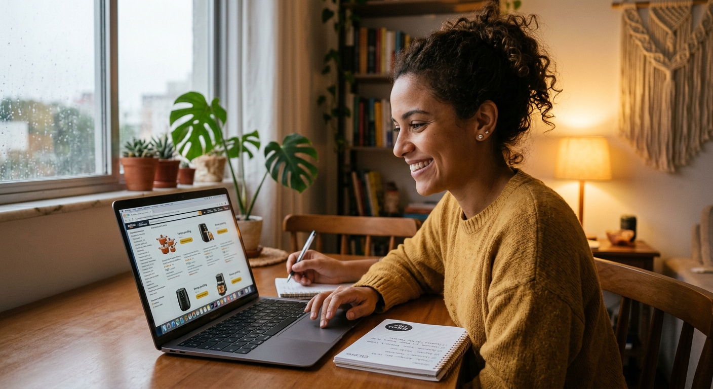 Freelancer brasileiro revisando catálogo de produtos em laptop com caderno ao lado