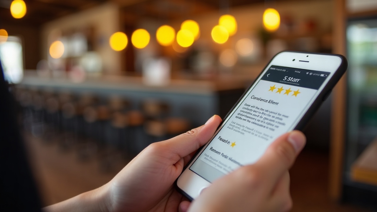 Cliente dando uma avaliação de cinco estrelas para um restaurante local usando seu smartphone