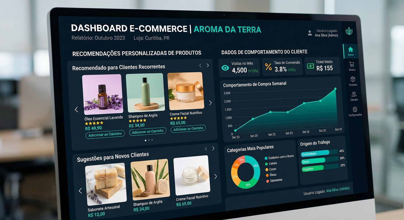 Painel digital com recomendações personalizadas e dados de comportamento de clientes em loja virtual