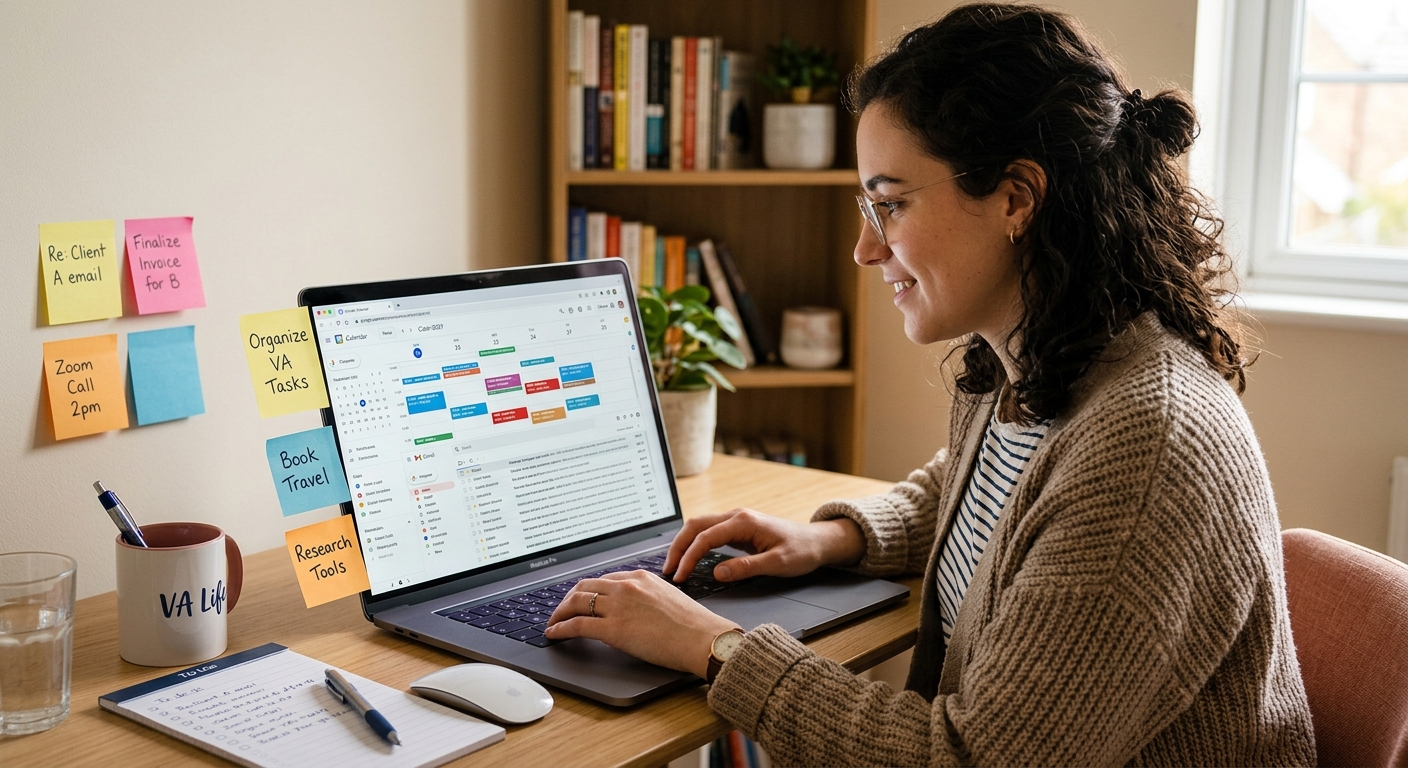Assistente virtual freelancer organizando calendário digital e e-mails em um notebook com notas adesivas ao lado.