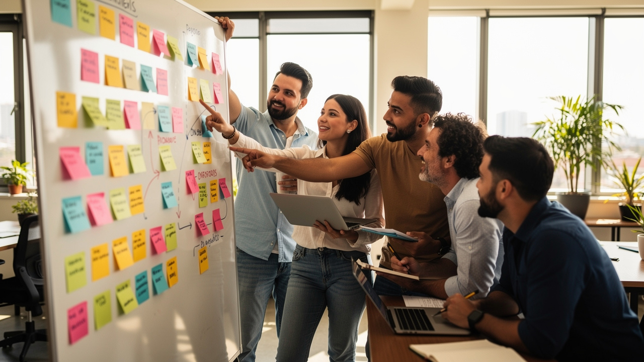 Equipe de marketing discutindo estratégias de crescimento em quadro branco com post-its coloridos