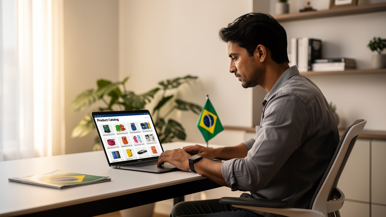 Empreendedor brasileiro analisando catálogo de produtos no computador em escritório doméstico