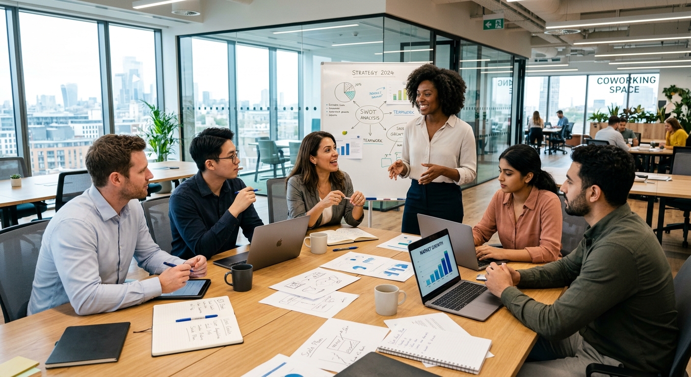 Grupo de empreendedores conversando sobre estratégias de negócios em um escritório moderno