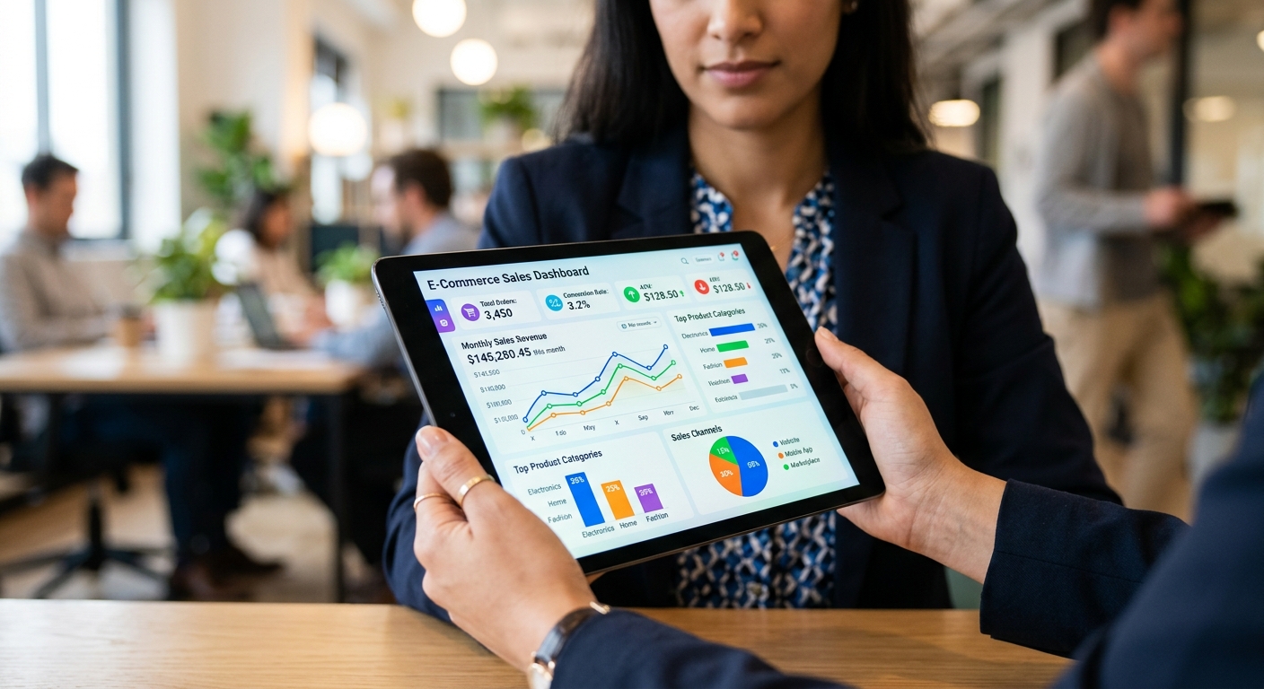 Pessoa segurando um tablet que exibe um painel de controle de vendas de e-commerce com gráficos coloridos