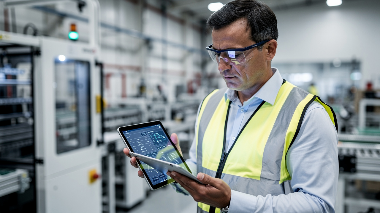 Gerente de compras B2B analisando especificações técnicas de um produto em seu tablet dentro de uma fábrica.