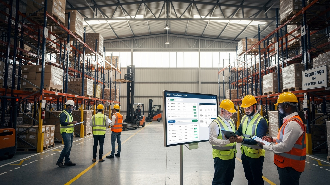 Trabalhadores em armazém industrial brasileiro usando tablets para gerenciar pedidos B2B