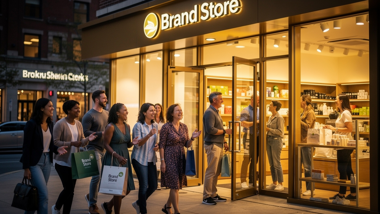 Grupo diverso de clientes retornando com lealdade a uma loja com identidade de marca forte