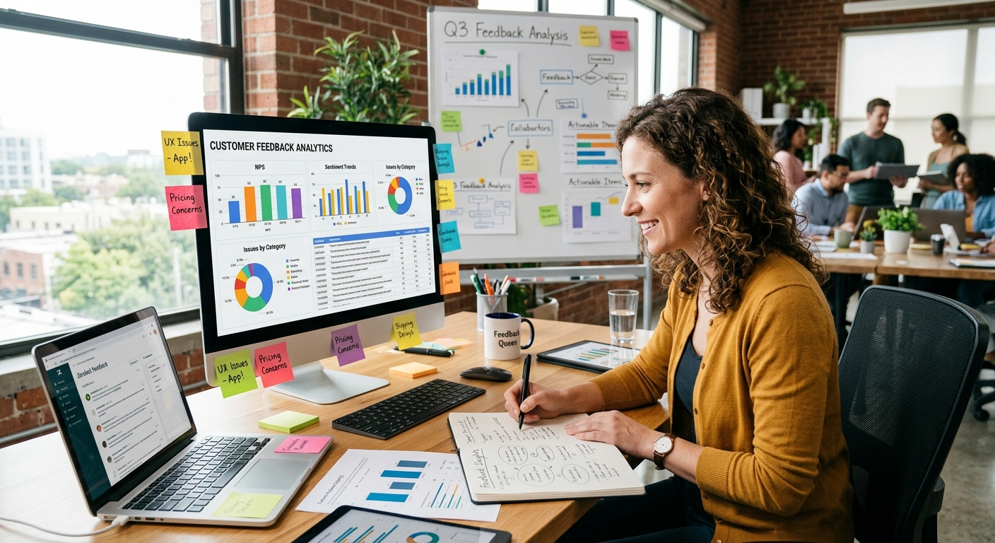 Pessoas analisando feedback de clientes em um ambiente de trabalho animado e produtivo