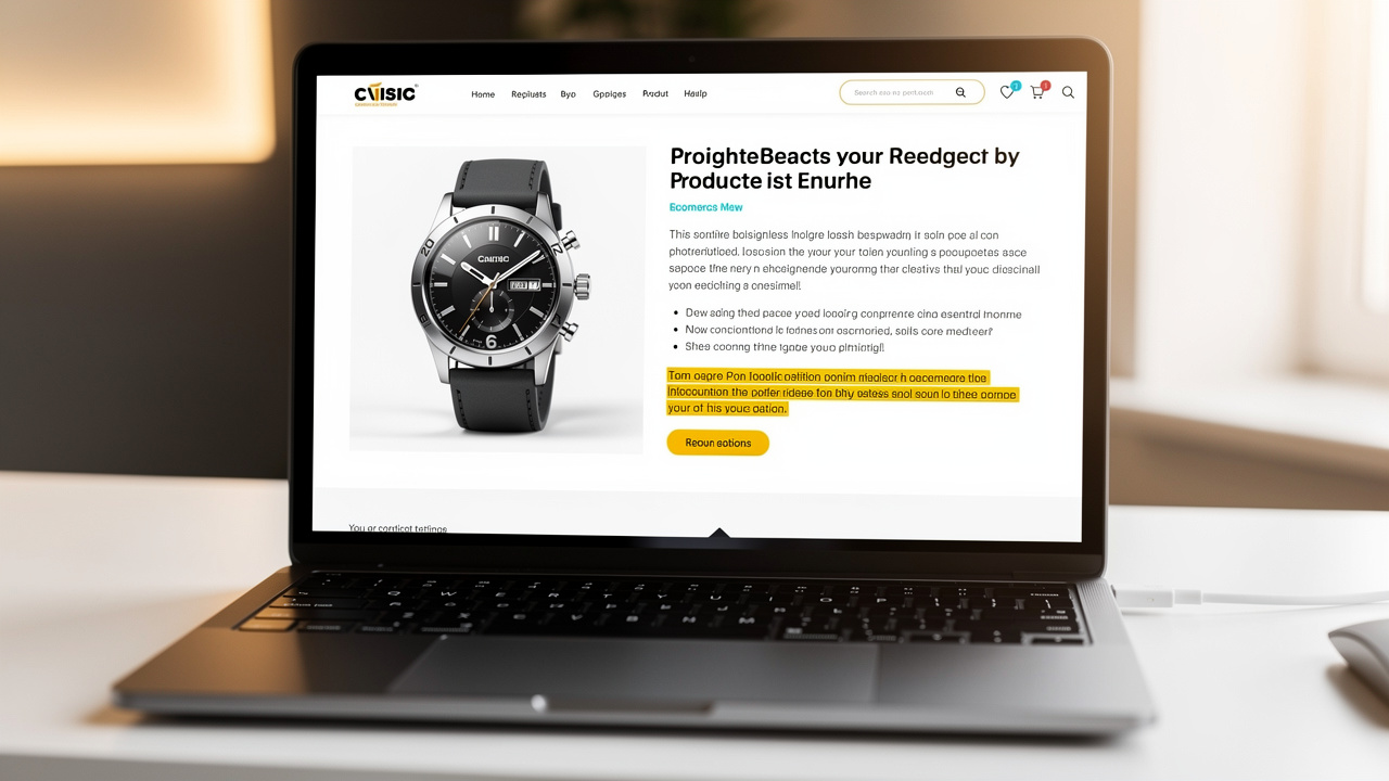 Tela de um notebook exibindo uma página de produto com descrição criativa e detalhada para e-commerce.