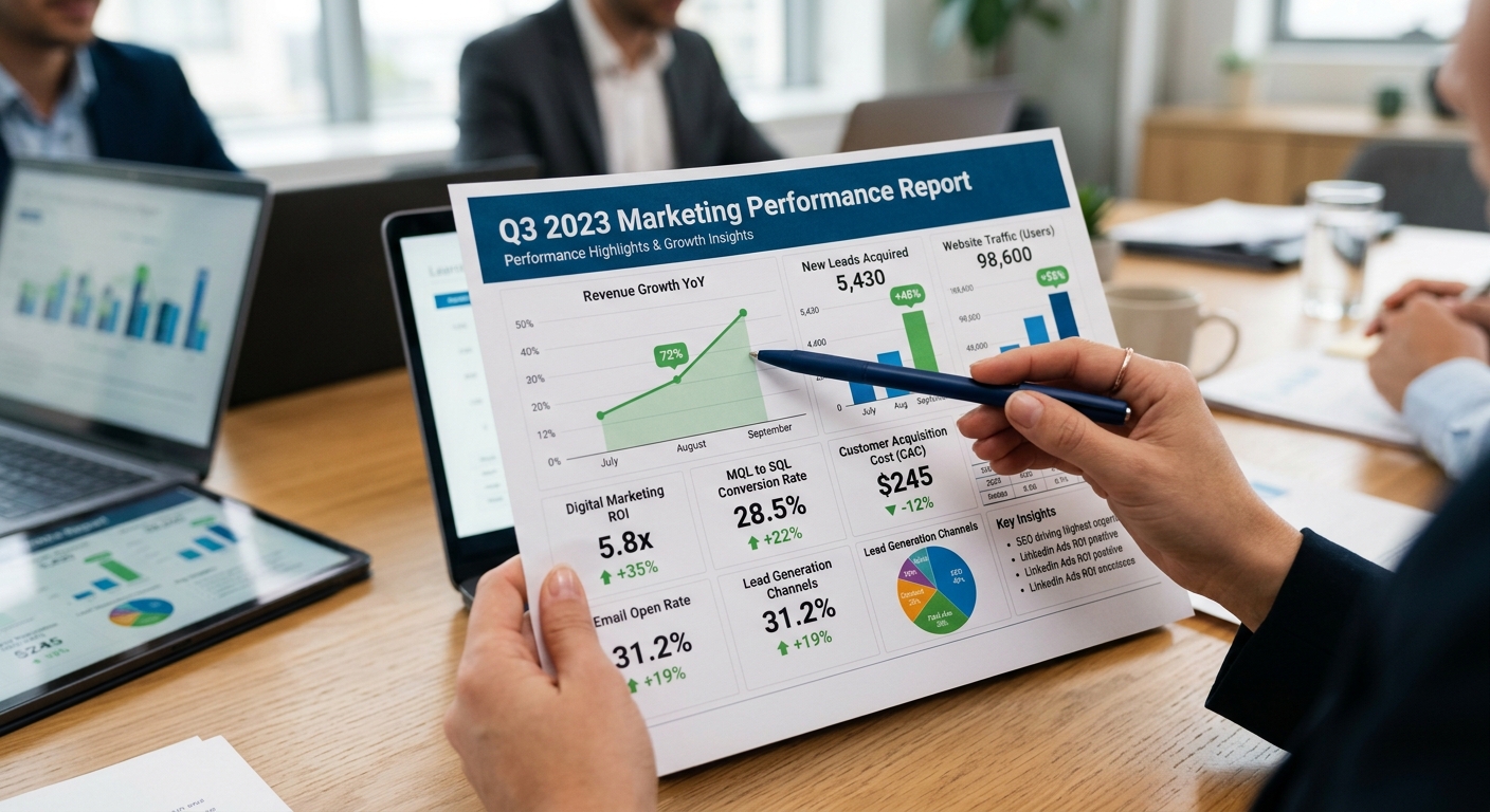 Relatório de marketing com gráficos mostrando crescimento, contexto profissional e decisões baseadas em dados