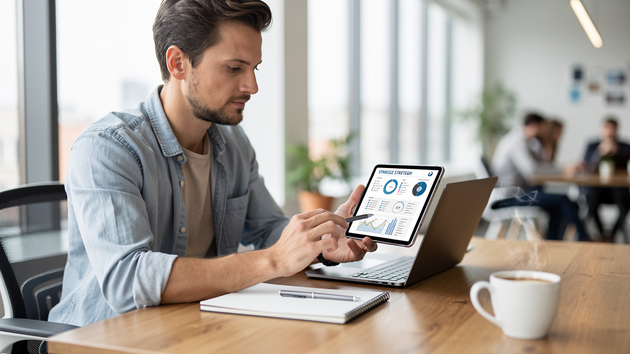 Empreendedor revisando documento de estratégia digital em tablet em espaço de coworking
